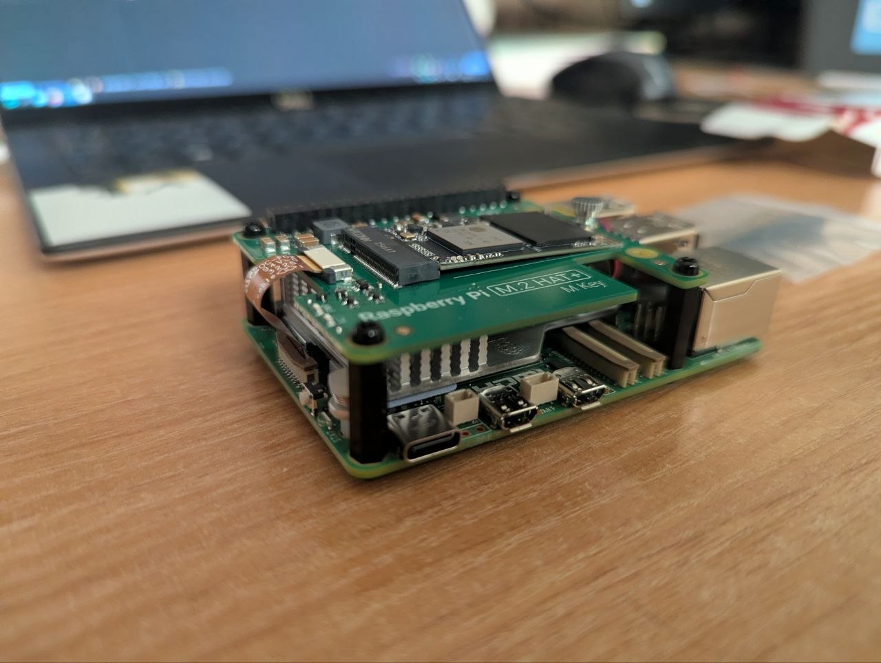 DarkFi node — side profile of the Pi 5 with M.2 HAT+ and Active Cooler