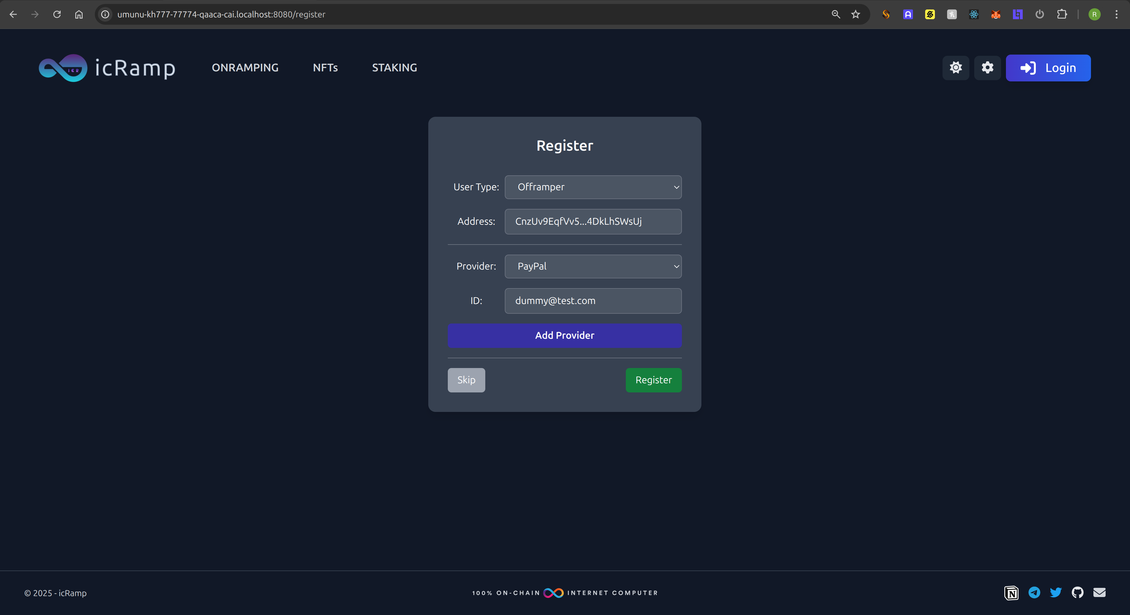 icRamp Register Page — overview