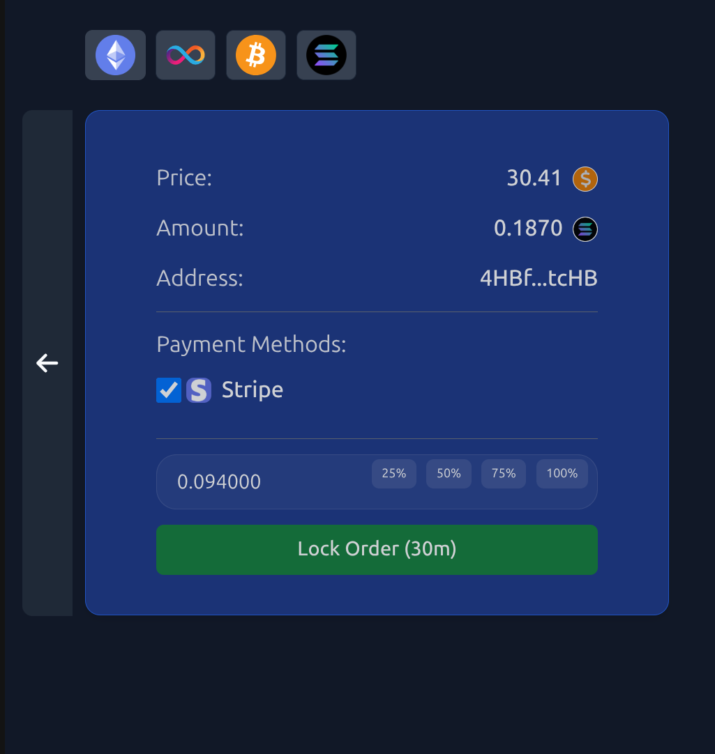 Onramper Lock UI with partial amount + quick % buttons