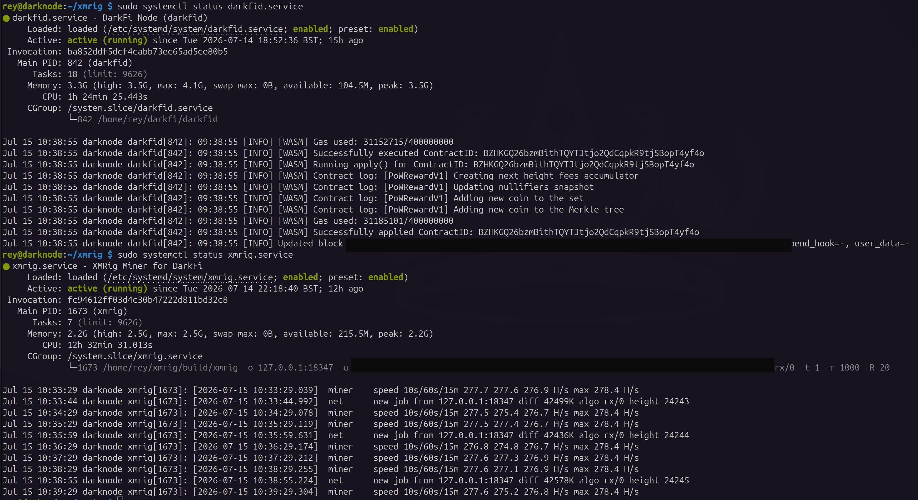 systemctl status for darkfid and xmrig, showing the cgroup memory accounting